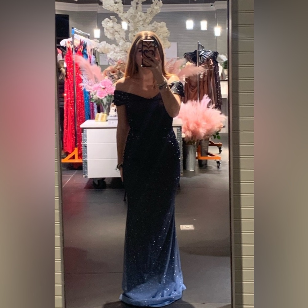 Elegant Navy Blue Off-Shoulder Gown